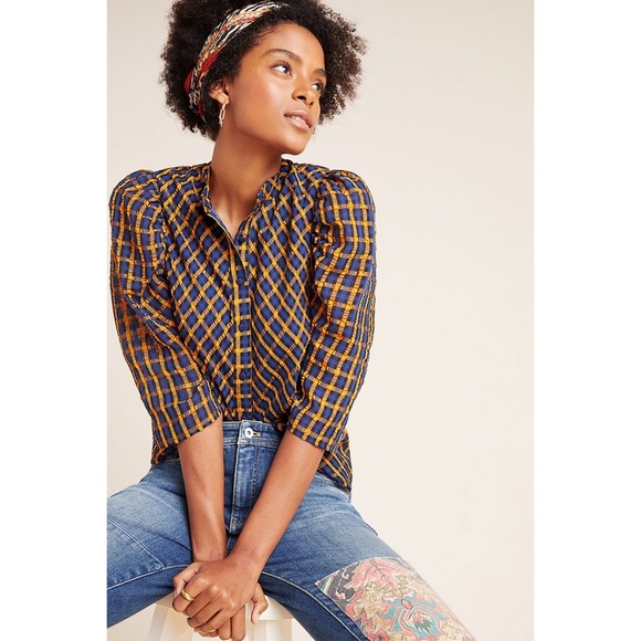 Eva Franco Anthropologie Textured Plaid Puff Sleeve Blouse - Picture 1 of 10